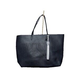 Victoria’s Secret Large Weekender Tote Bag Black Faux Leather Pebbled Tassel New